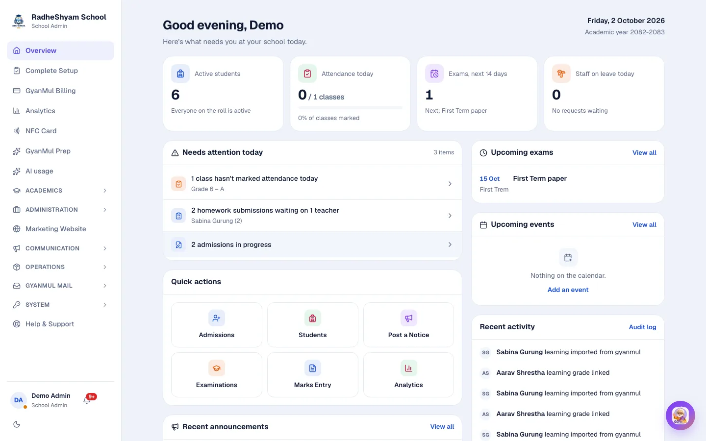 The GyanMul school admin dashboard: today's attendance, upcoming exams, items needing attention and quick actions.